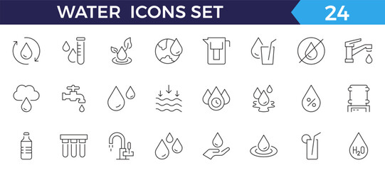 water linear icon collection real estate. Drop Water, Mineral Water, Low and High Tide, Shower, Plastic Bottle and Glass.