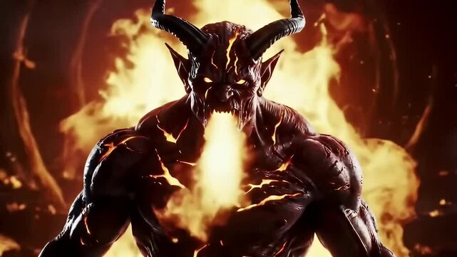 Demonic possession infernal creature engulfed in flames in a hellish dimension
