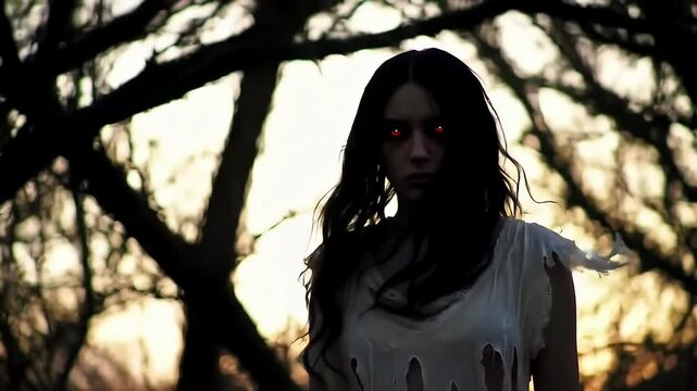 Demonic possession girl in white dress lurking in a shadowy forest during twilight