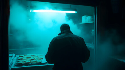 Mysterious culinary encounter behind a foggy glass in ethereal turquoise light