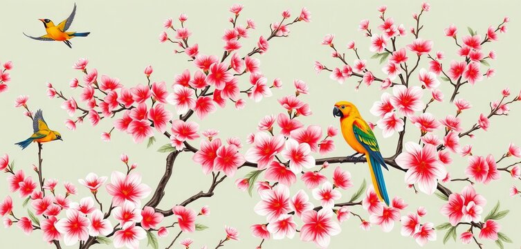 Elegant chinoiserie botanical seamless pattern featuring blossoming trees, sparrows, and parrots,  colorful,  vintage