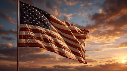 Conceptual representation of the American flag waving in the breeze during sunset on a national holiday celebrating freedom and unity