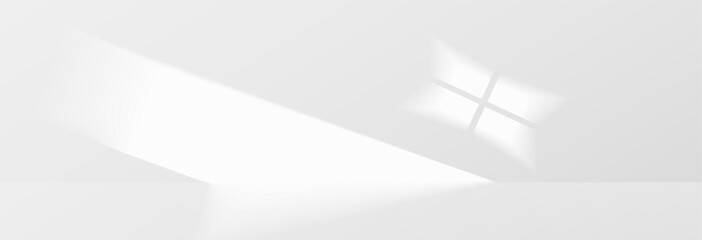 Sunlight on light wall, gentle shadow from windows on gray wall. Minimal light gray background for product presentation, vector png graphics. Sunny daylight background.