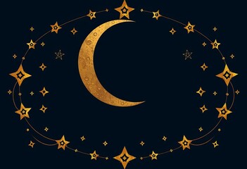 Naklejka premium Elegant gold moon, stars, celestial design elements; vintage style vector illustration, elements, vintage
