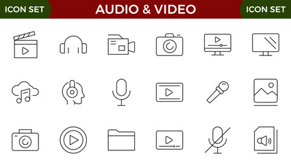 Audio Video Icons Pack. Thin line icons set. Flat icon collection set. Simple outline icons.