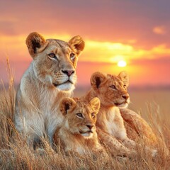 Lioness with Cubs Resting in Grass at Sunset Close Up Eye Level Shot in African Savanna