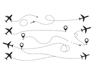 Fototapeta premium The flight path of the aircraft from the point of location along the dotted line.Airplane dashed lines path with start point and dash line trace vector seT
