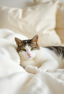 Serene tabby and white cat with striking green eyes relaxing on a cozy white knitted blanket and pillows, ideal for pet care articles, home comfort blogs, or tranquil lifestyle visuals