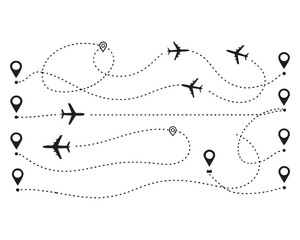 The flight path of the aircraft from the point of location along the dotted line.Airplane dashed lines path with start point and dash line trace vector seT