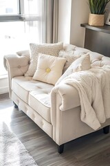 White couch with a white blanket draped over it