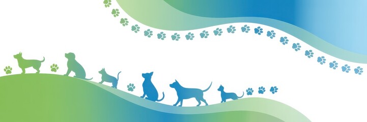 Silhouettes of pets walking on a colorful abstract background with paw prints