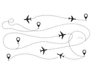 The flight path of the aircraft from the point of location along the dotted line.Airplane dashed lines path with start point and dash line trace vector seT
