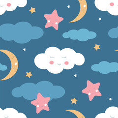 vector seamless kids pattern with clouds, moons, stars