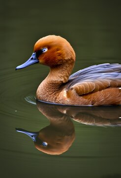 Serene portrait of a Red-crested Pochard (or similar diving duck) with striking reflection, swimming on calm dark water, perfect for wildlife beauty, bird identification, or tranquil nature visuals