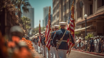 Honor and pride on Flag Day with a parade showcasing veterans and the American flag in a vibrant city setting