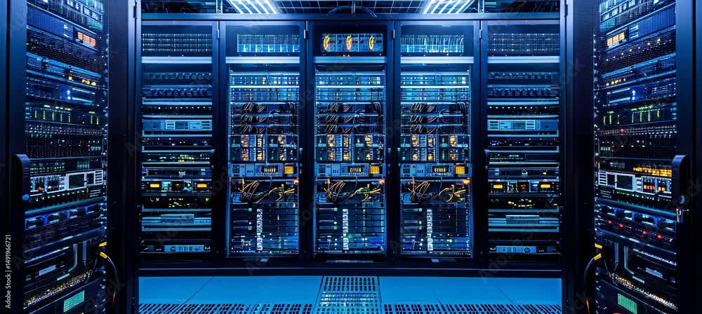 Fototapete Server data rack machine. Hardware computing infrastructure system. Generative video AI technology.	
