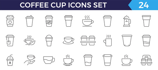 Fototapeta premium Coffee cup line web icons. Disposable coffee cup. Coffee paper cup, plastic container for hot and cold drink, juice, tea.