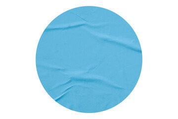 Light blue circle sticker with crumpled edges. Wrinkled round paper isolated on transparent background.