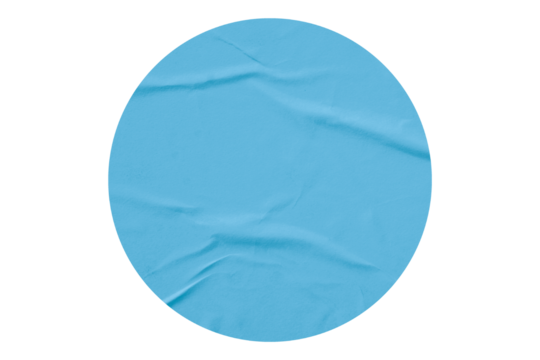 Light blue circle sticker with crumpled edges. Wrinkled round paper isolated on transparent background.