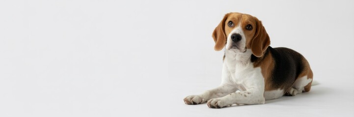 Beagle rests comfortably on a plain white background, showcasing its cute expression and playful nature