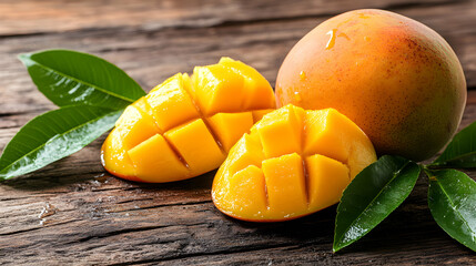 Delicious ripe mango halves with whole fruit and vibrant leaves arrangement