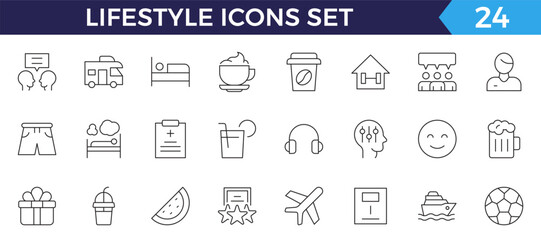 Lifestyle icon set. Containing healthy lifestyle, diet, exercise, sleep, relationships, running, routine, self-care, culture and hobbies icons. Editable stroke outline icon.