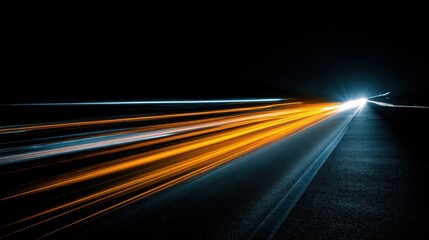 Highway at Night with Light Trails from Cars in Motion Speeding Forward Perspective Low Angle