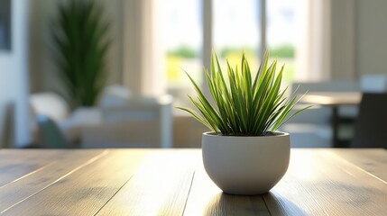 Indoor plant on a wooden table with a blurred background and soft light, peaceful scene