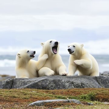 Charming scene of three playful Polar Bear cubs interacting on rocky Arctic tundra, perfect for delightful wildlife photography, family-themed content, or educational visual