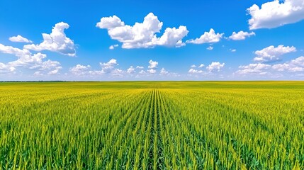 Expansive Green And Yellow Wheat Field Under Blue Sky With Fluffy White Clouds
