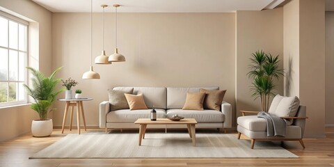A cozy living room with a minimalist aesthetic, featuring a beige wall background, clean lines, and simple furniture arrangement , neutral color scheme, beige walls
