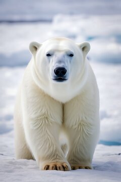 Majestic Polar Bear approaching on Arctic ice floe, ideal for wildlife conservation, climate change awareness, or powerful nature features