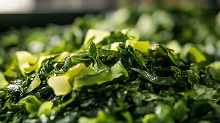 Close-up of Freshly Prepared Crushed Seaweed Salad with Vibrant Green Tones