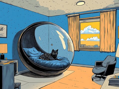 A conceptual artwork in a surreal, artistic style, illustrating Schr�dinger's cat in a quantum field.
