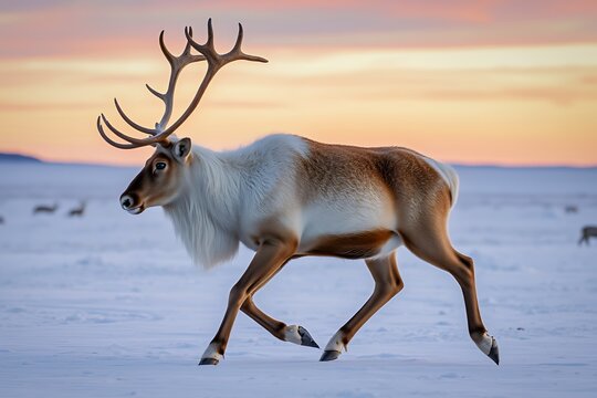 Majestic Reindeer (Caribou) with large antlers striding across snowy tundra at golden hour, ideal for winter holiday themes, arctic wildlife features, or wilderness travel concepts