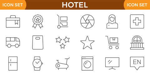 Hotel icons set. Rental property icons. Set of apartment reservation, hotel booking, five-star hotel, service line vector web icon.