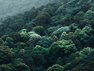 Aerial view of a dense green rainforest canopy on a misty day in Lamington National Park Queensland Australia