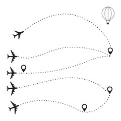 Fototapeta premium Airplane dotted route line set. Path travel line shapes. Flight route with start point and dash line trace for plane flat style plane icon from start pin point to finish isolated on white background.A