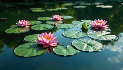 Water lilies forming a floral pattern across a still lake, flowers, white, serene