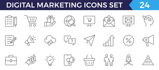 Digital marketing icons set. Content, search, marketing, ecommerce, seo, electronic devices, internet, analysis, social outline icon set.