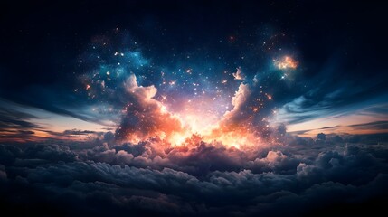 Fototapeta premium Vibrant fireworks burst into the sky, illuminating the night during a festive July celebration with clouds and stars in the background