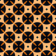 Stylish repeating pattern inspired by the classic kawung batik. Dark circular elements with gold accents on a light background create a visually appealing pattern. High-quality JPG backdrop
