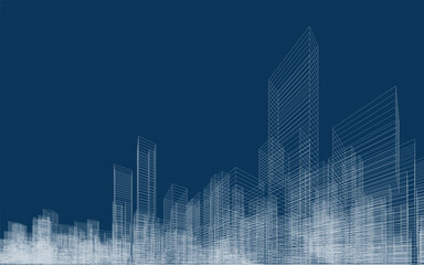 Obraz premium 3D wireframe perspective of building. Abstract wireframe city background for template design. Vector illustration.