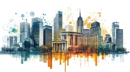 Obraz premium Night view of New York City skyline with skyscrapers and river