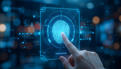 Glowing Biometric Fingerprint Scan on Digital Screen – Futuristic Identity Verification Concept