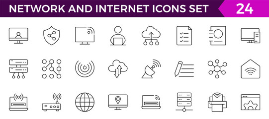 Network and Internet outline icons. linear icon collection for online, computer, network, website, server, web design, hardware, software, and programming. Solid icons illustration collection.