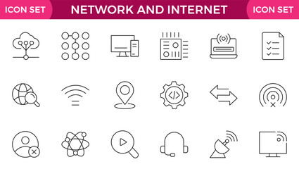 Network and Internet outline icons. linear icon collection for online, computer, network, website, server, web design, hardware, software, and programming. Solid icons illustration collection.