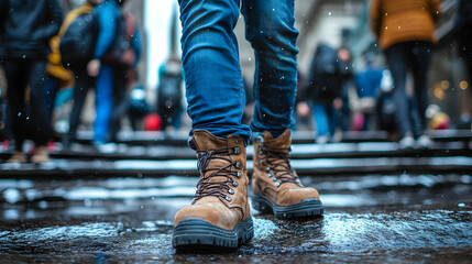 Focused urban exploration: A person traversing city streets with sturdy footwear