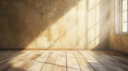 Sunlit empty room with textured wall and wooden floor.