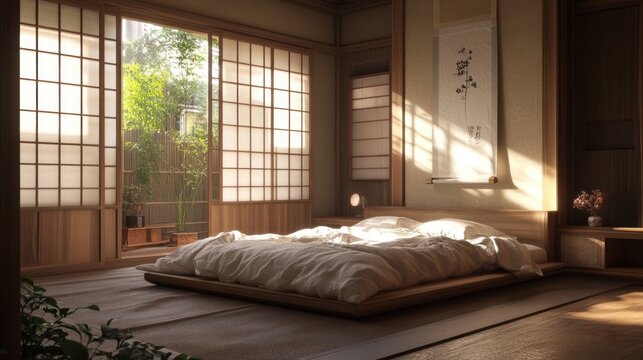 Harmonious japanese bedroom exudes tranquility with soft natural sunlight streaming in